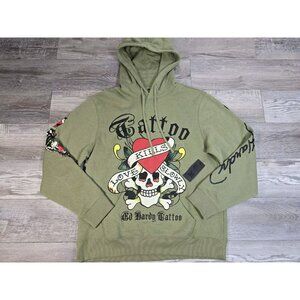 Ed Hardy Hoodie Pullover Heart Skull Tattoo “Love Kills Slowly” Olive Mens Large